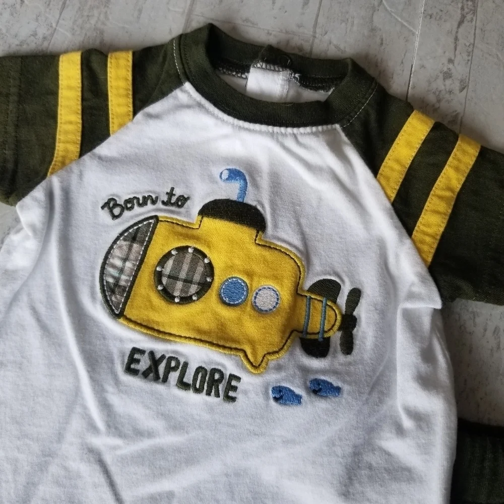 Born to Explore Carter's 3 mo olive green and yellow short/shirt set